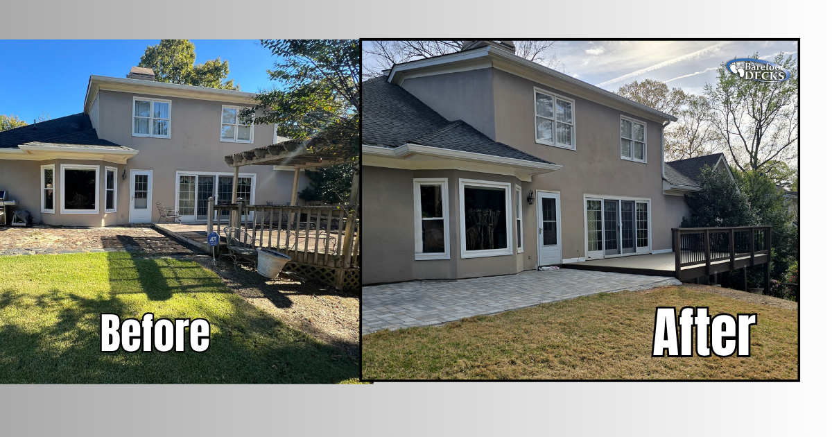 Before-and-after view of a house exterior renovation, showing a new gray stucco finish and updated windows. Milton, GA