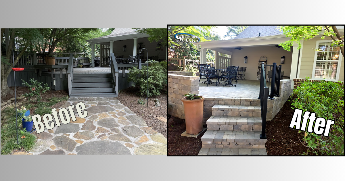 Before-and-after patio steps: right shows new concrete stairs and potted plants. Marietta, GA