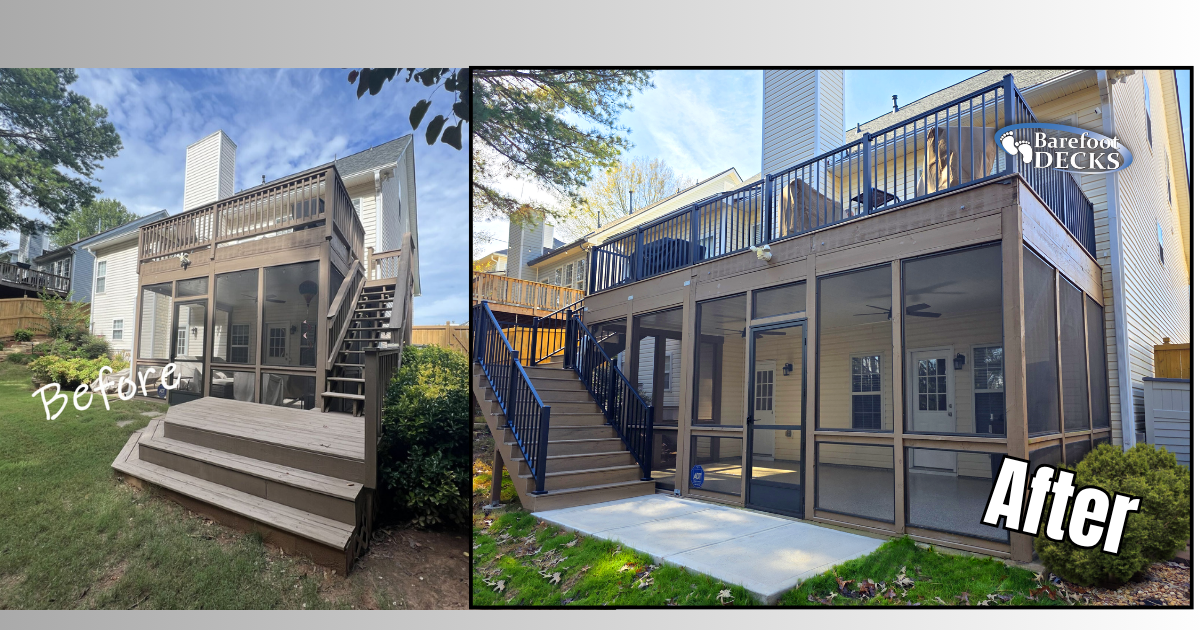 Before-and-after of a raised deck with stairs and screened-in lower patio under a wooden balcony. Woodstock, GA