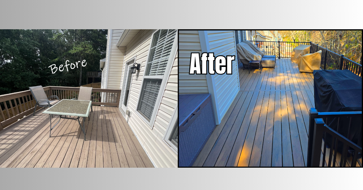 Deck renovation before-and-after: worn wooden patio updated to a gray-blue deck in warm sunset light. Woodstock, GA