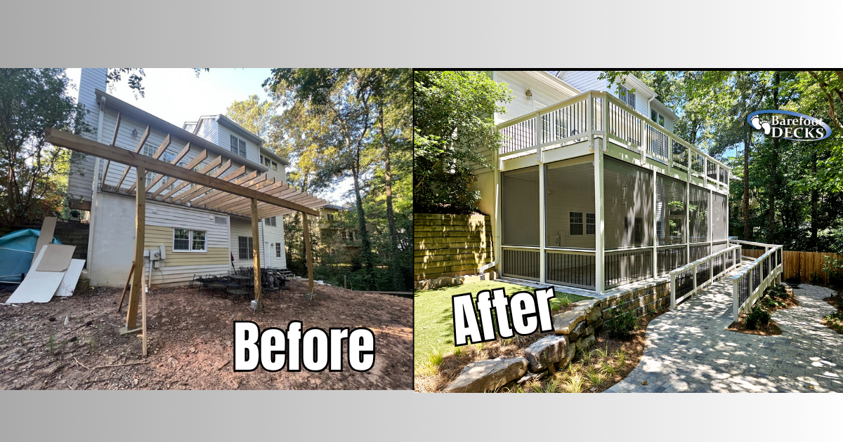 Split-screen before-and-after of a house exterior renovation with porch and screened deck. Acworth, GA