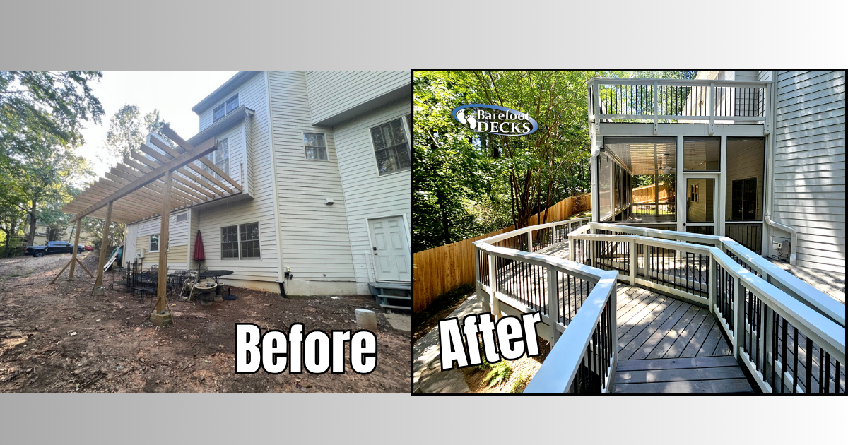 Before-and-after of a house deck renovation, from old wooden steps to a larger ramped deck with railings. Acworth, GA