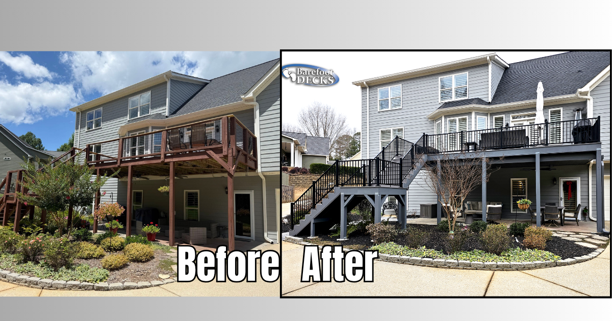 Before-and-after view of a house exterior remodel with deck, stairs, and landscaping. Dallas, GA