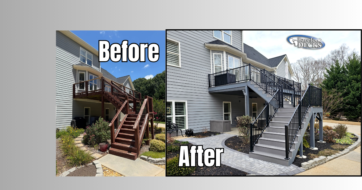 Before-and-after of a house stairway and deck renovation, showing weathered wood replaced with gray stairs and siding. Dallas, GA