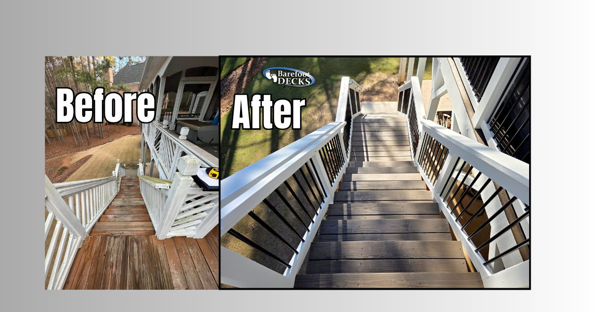 Before-and-after porch staircase renovation with weathered wood replaced by gray stairs and white railings. Alpharetta, GA