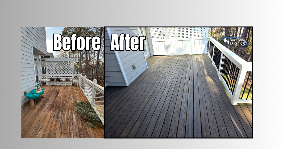 Before-and-after of a weathered wooden deck replaced with a clean gray deck and white railing. Alpharetta, GA