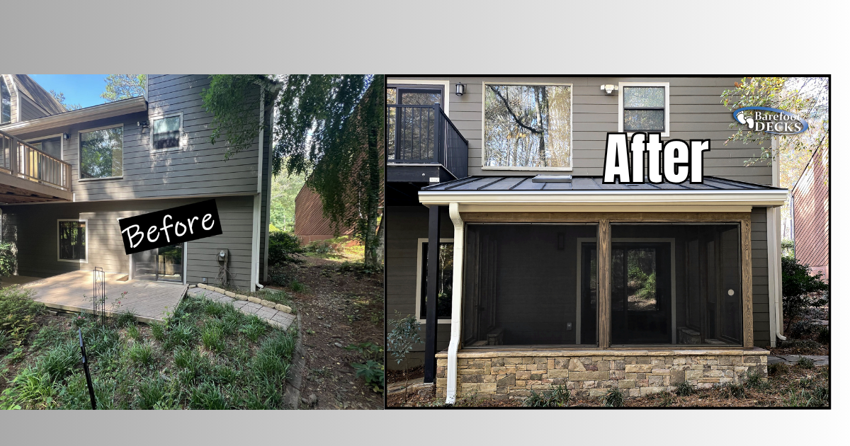 Before-and-after exterior of a house renovation, showing the old facade and a modern updated front. Johns Creek, GA