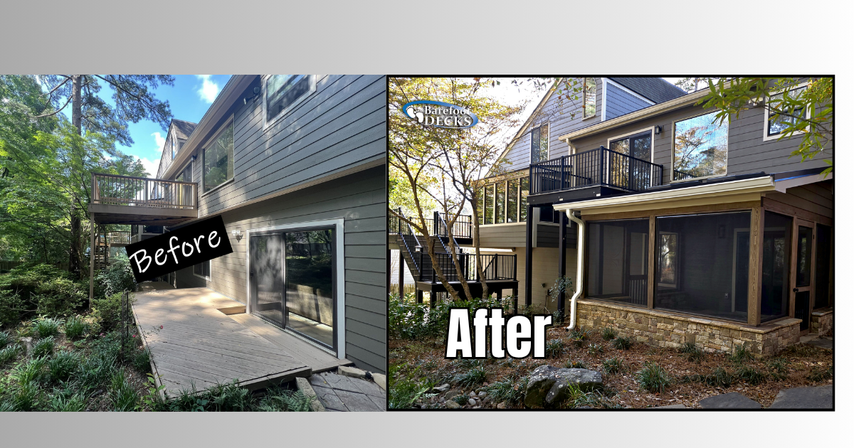Split-screen before-and-after of a house exterior with porch and deck renovation. Johns Creek, GA