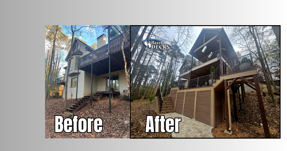 Before-and-after view of a house exterior with a roof and wooden retaining wall installation. Roswell, GA