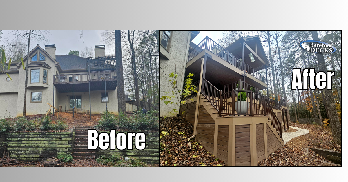 Before-and-after of a house and deck renovation, showing an upgraded wooden deck and stairs. Roswell, GA