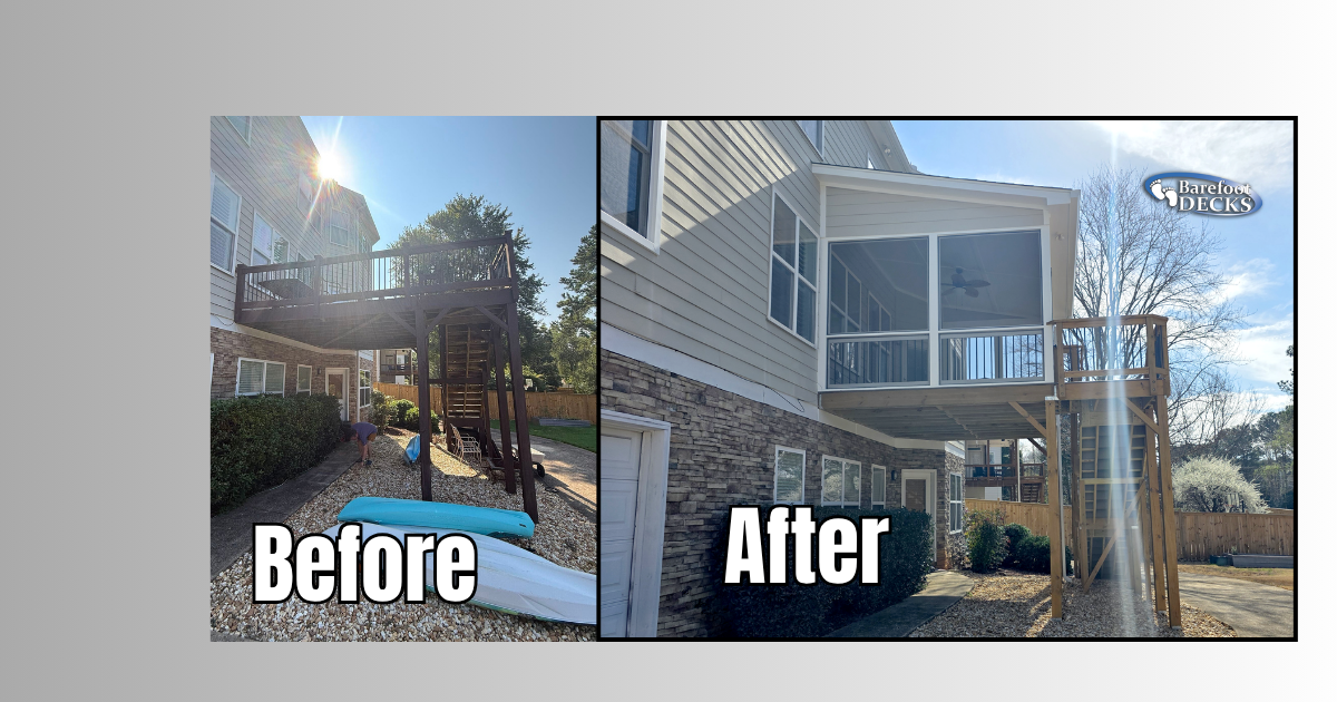 Split-screen before-and-after of a house exterior renovation with a new screened porch and deck. Sandy Springs, GA