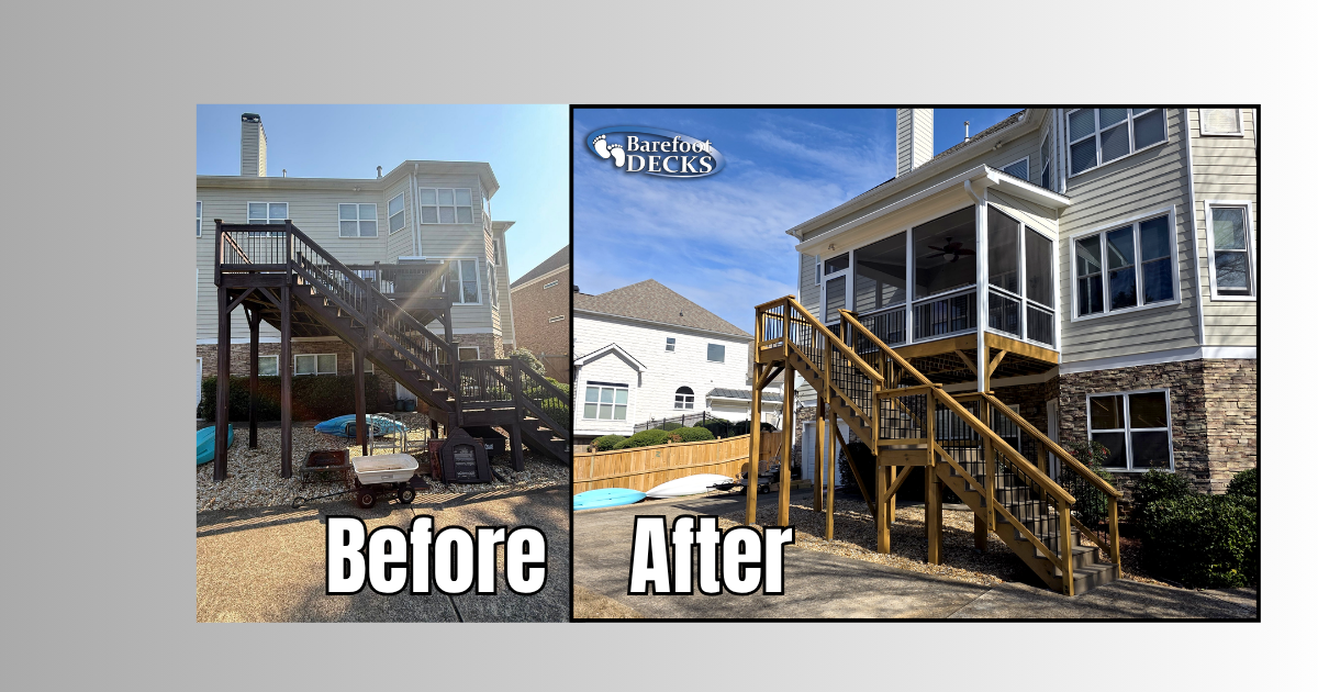 Before-and-after view of a damaged house repaired with a new wooden staircase and porch railings. Sandy Springs, GA