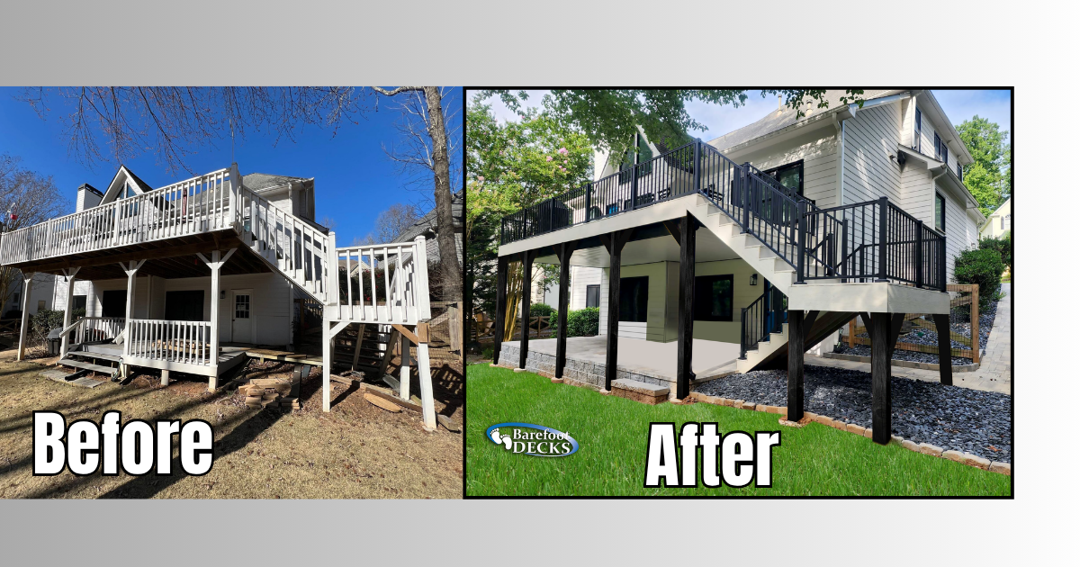 Before-and-after view of a house exterior renovation, showing a deck and stairs transformed from worn to modern black trim. Canton, GA