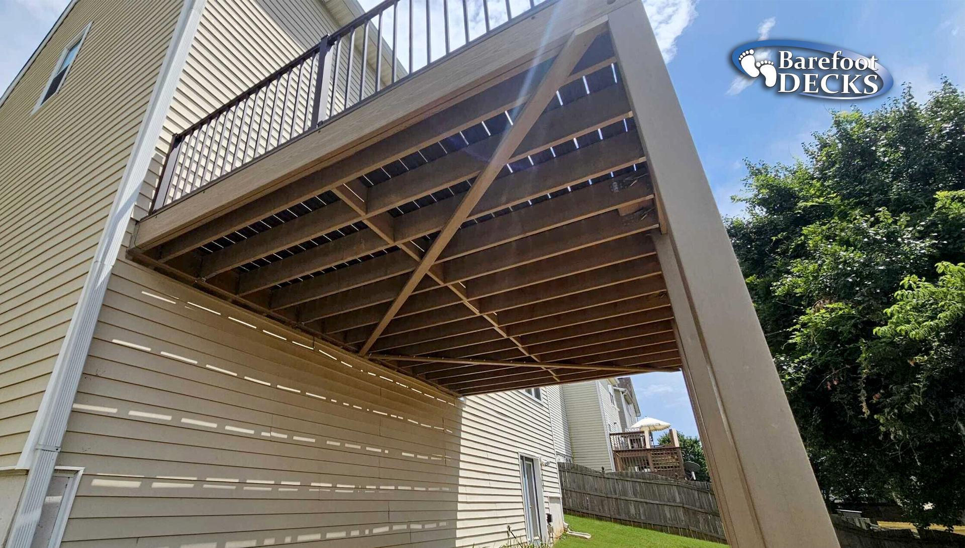 Brown deck under a house with a white exterior. Viewed from below. Blue sky and green grass.
