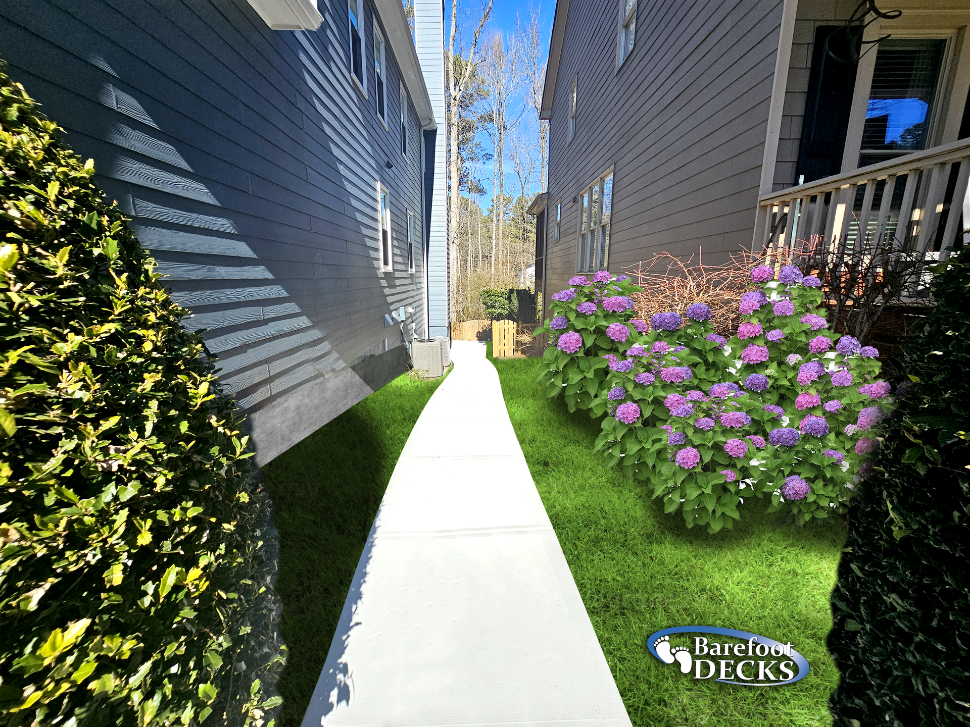 Narrow concrete path between two houses, green grass, purple flowers, bright sky.