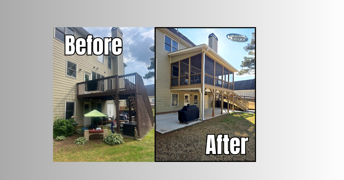 Before-and-after of a house renovation, showing a worn exterior beside a modern remodeled deck and porch. Powder Springs, GA