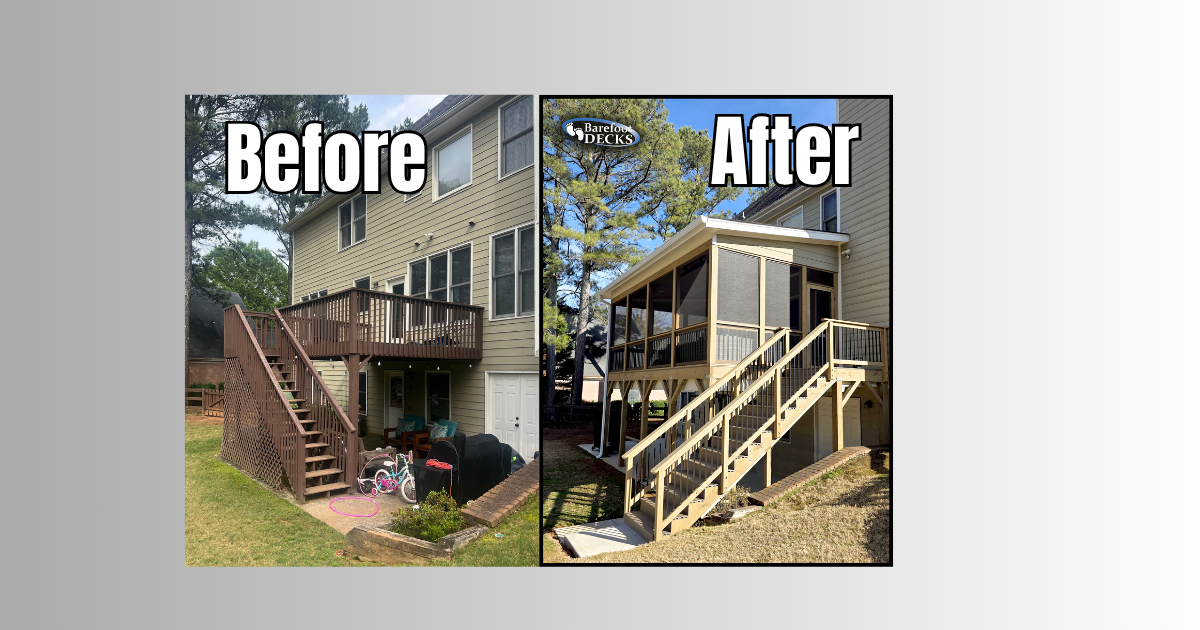 Before-and-after view of a house staircase, showing a worn dark stair on the left and a new tan staircase on the right. Powder Springs, GA