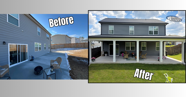 Before-and-after of a backyard patio makeover with a house and covered deck.