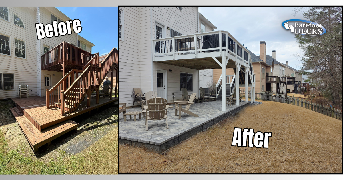 Before-and-after view of a backyard deck renovation, showing a small wooden deck replaced by a larger white elevated deck. Holly Springs, GA