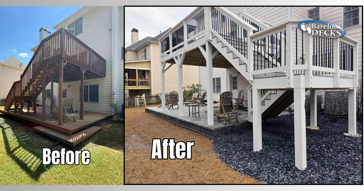 Before-and-after of a porch deck renovation, from dark wood to white painted structure with stairs and railings. Holly Springs, GA