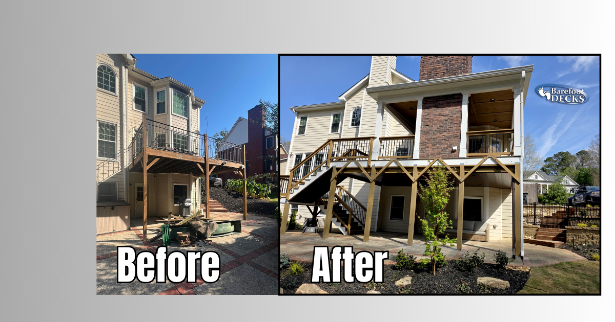 Before-and-after split image of a damaged building, showing restoration progress. Mableton, GA
