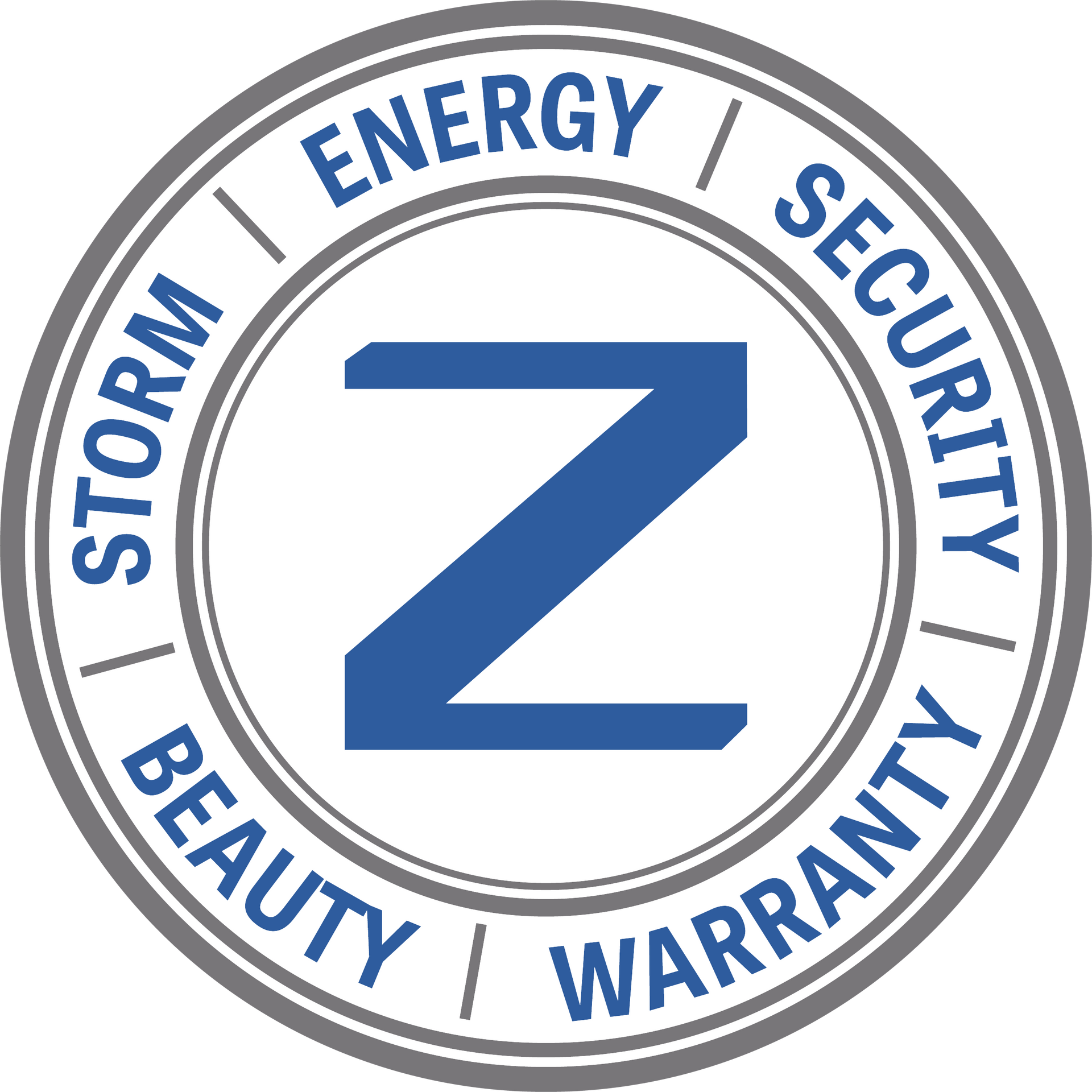 Circular blue-and-gray Z logo with the words Storm, Energy, Security, Beauty, and Warranty around it