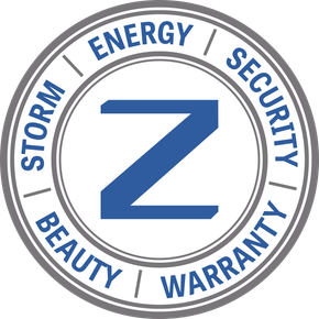 Circular blue-and-gray Z logo with the words Storm, Energy, Security, Beauty, and Warranty around it