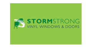 Logo for StormStrong Vinyl Windows & Doors in green with a white swirl graphic.