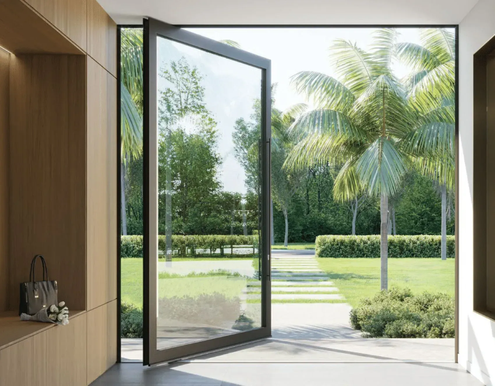 Large glass door open to a lush backyard with palm trees and a pathway.