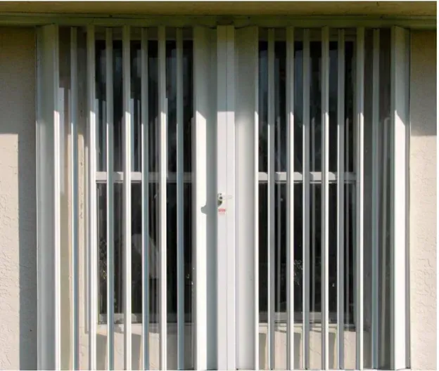 White security bars on a window, exterior view.