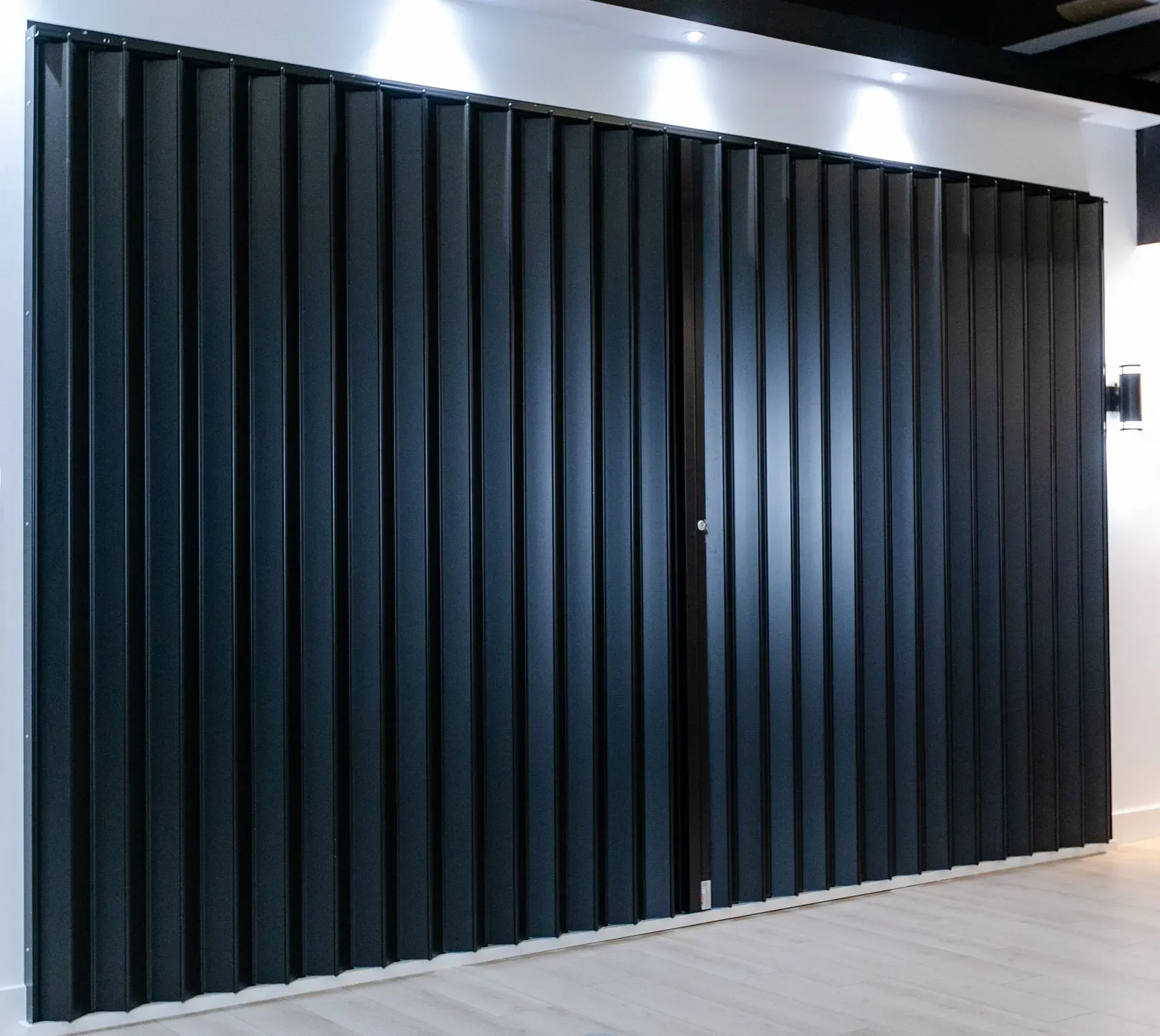 Black accordion-style door in a modern interior setting with white walls and light-colored flooring.