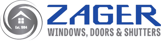 Logo for Zager, a company that sells windows, doors, and shutters. Features a house icon inside a circle with text.