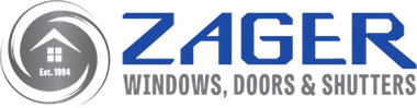 Logo for Zager, a company that sells windows, doors, and shutters. Features a house icon inside a circle with text.