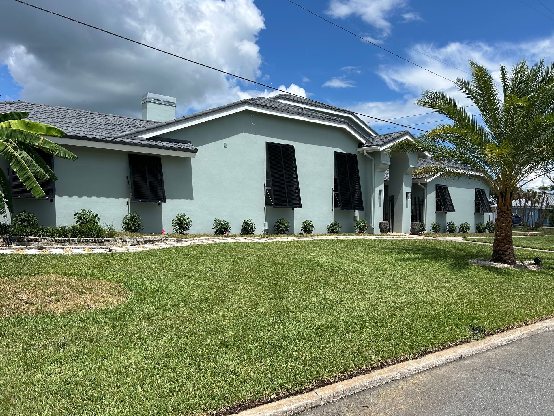 A light blue house with black shutters, palm tree, and green grass lawn on a sunny day.