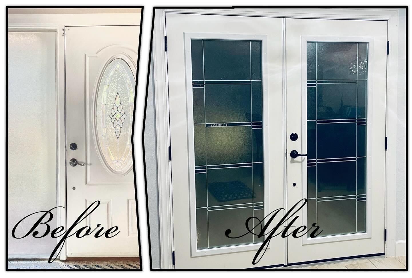 Comparison of a white front door before and after a remodel. The after shows double doors with glass panels.