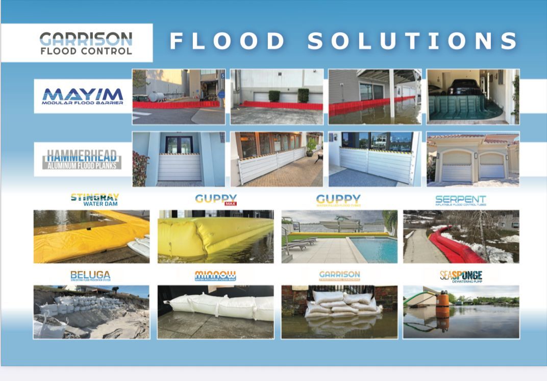 Garrison Flood Control solutions displayed: barriers, sandbags, and door/window shields preventing water damage to homes and structures.