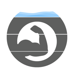 Gray circle logo with a white flexing arm shape inside. Blue wavy line at the top. Gray horizontal lines.