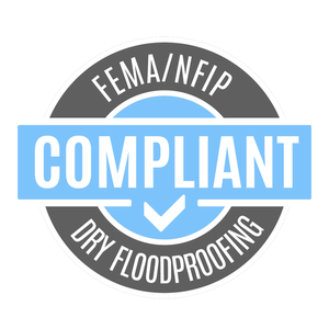 Circular logo: FEMA/NFIP compliant dry floodproofing; blue and gray colors.