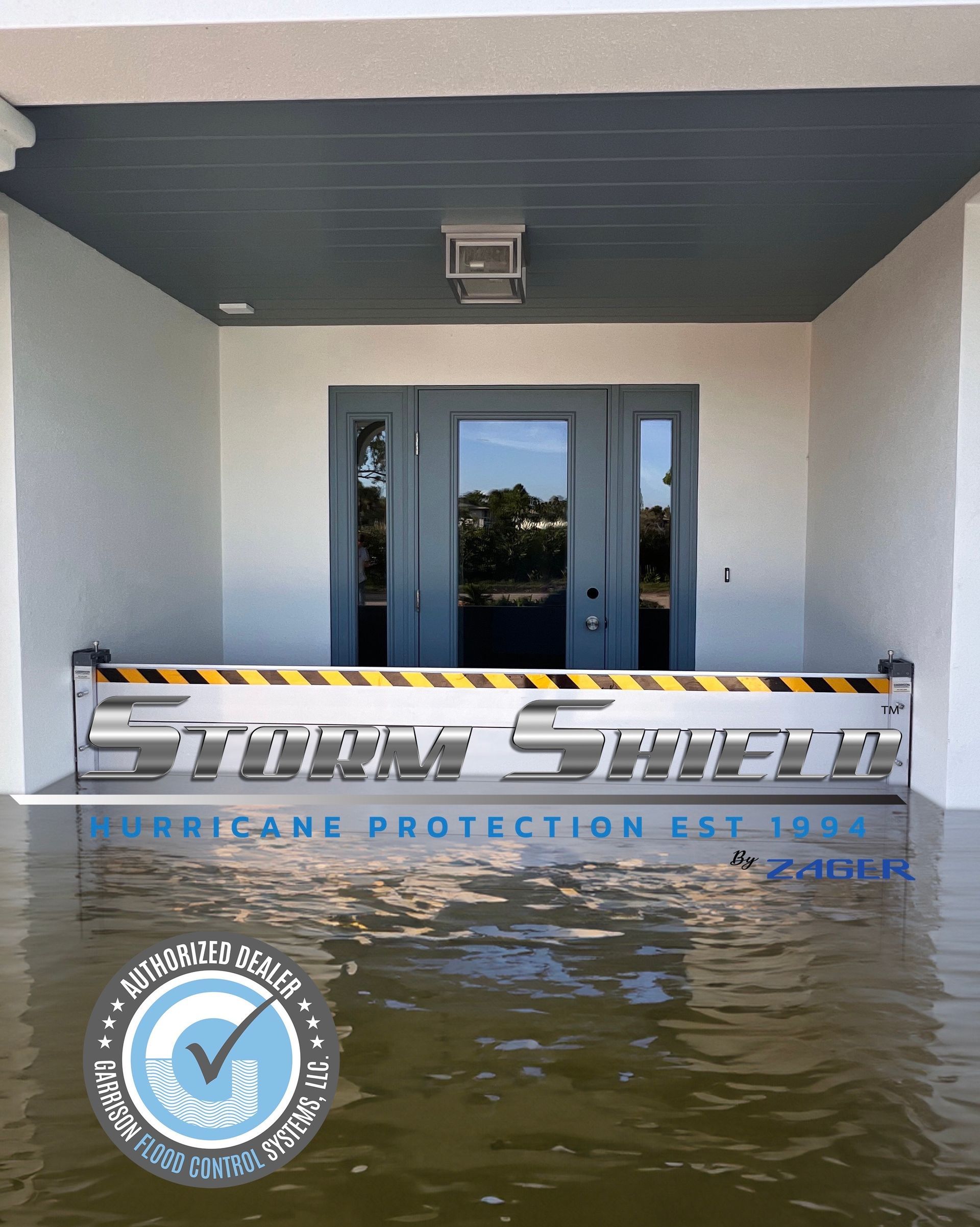 Flood barrier protecting a doorway from rising flood water. Silver and black.