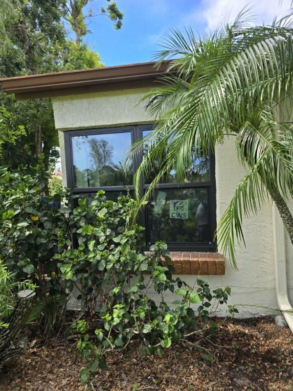 Exterior wall with a dark-framed window, brick ledge, and lush greenery.