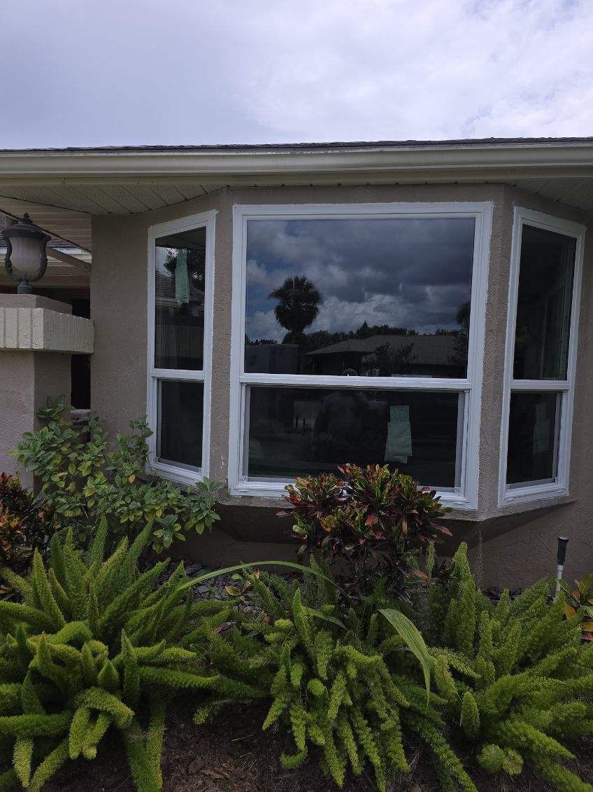 Bay window on a beige house, with ferns in front, reflecting a cloudy sky.
