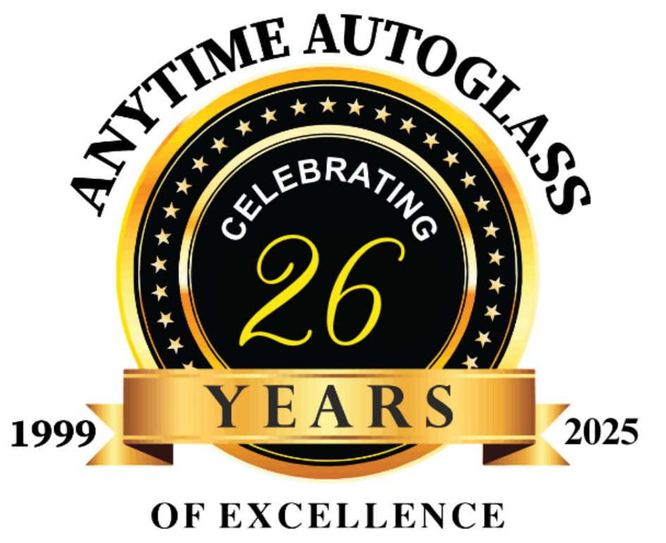 A logo for anytime autoglass celebrating 26 years of excellence.