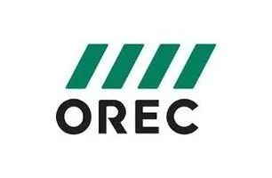 Logo of OREC with four angled green stripes above black text.