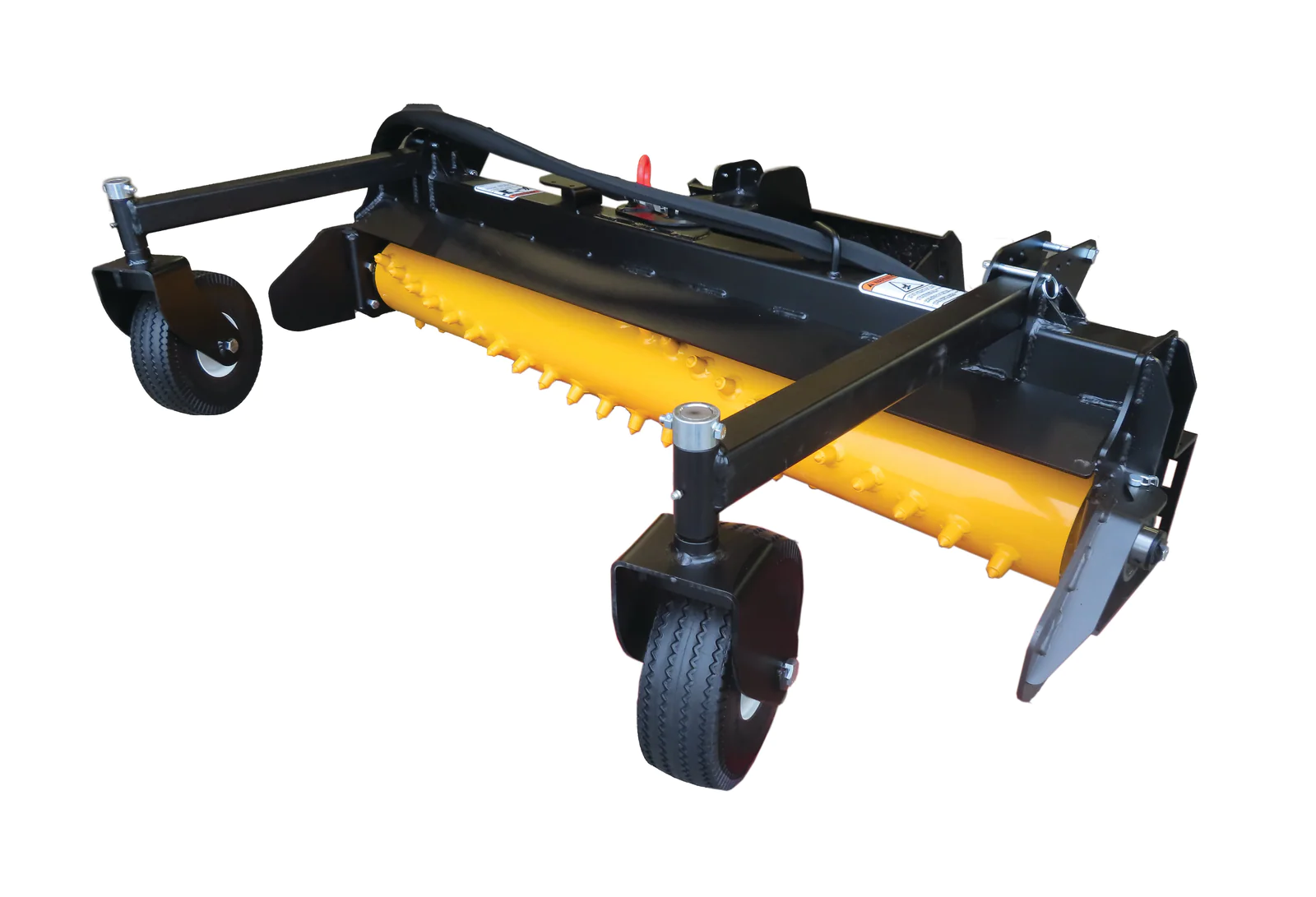 Black and yellow tractor implement with spiked roller and wheels for ground maintenance.