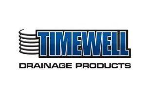 Logo for Timewell Drainage Products: blue text with black border, coil icon.