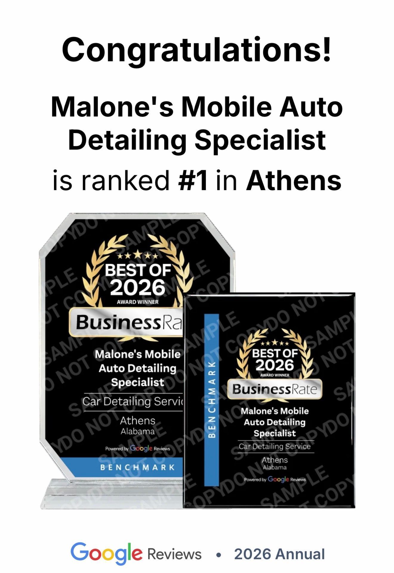 Malone’s Mobile Auto Detailing Specialist ranked #1 in Athens, with Google Reviews 2026 award plaques
