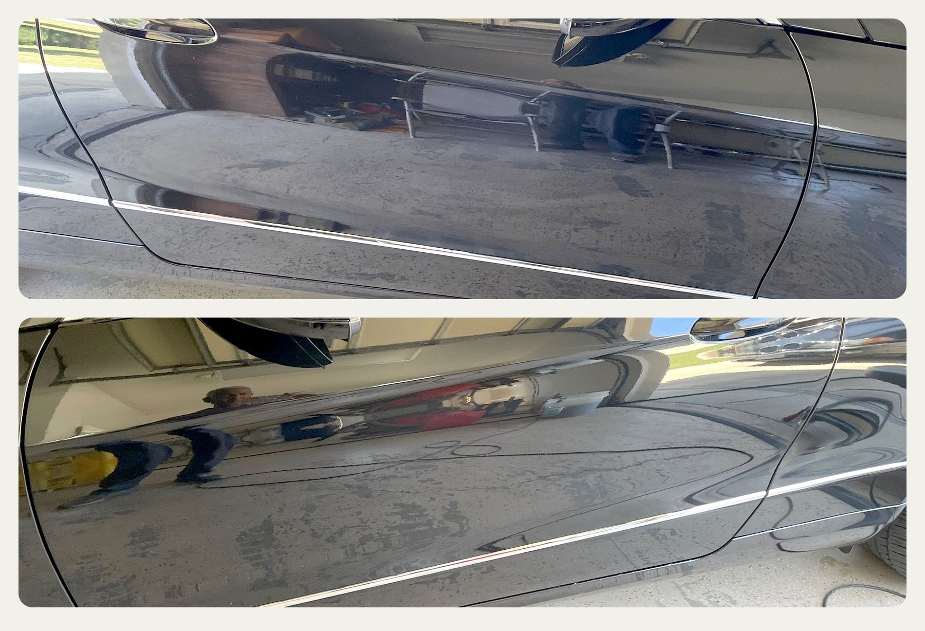 Two pictures of a car before and after being polished