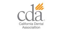 California Dental Association logo with gray “cda” and orange accent marks on a white background