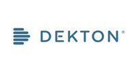 DEKTON logo in blue with a stylized striped emblem on a white background