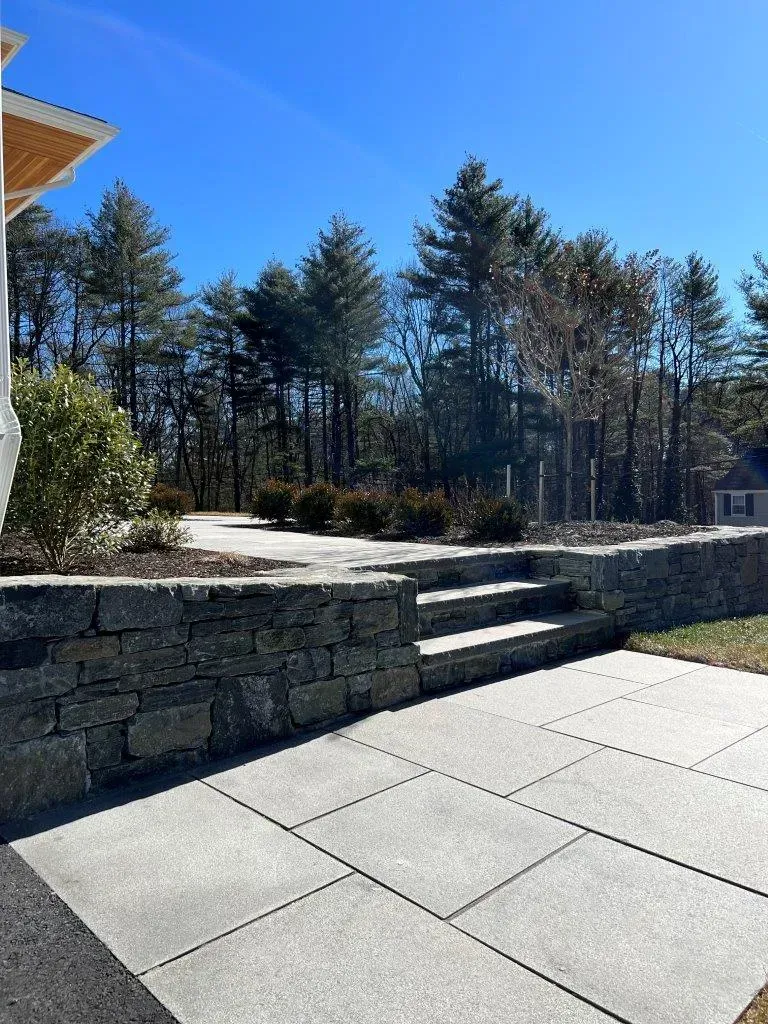 Stone patio with steps leading to a raised terrace and trees beyond under a clear blue sky